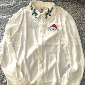 ModCloth button up, Christmas blouse white cat, Size large